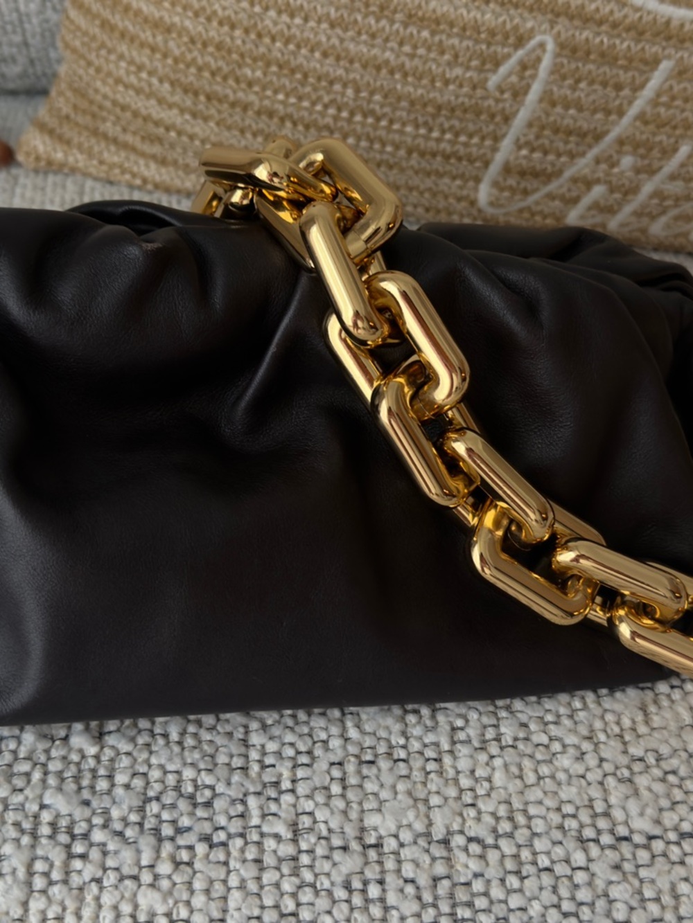 Bottega Veneta Dark Chocolate Leather Padded Clutch with Gold Chain